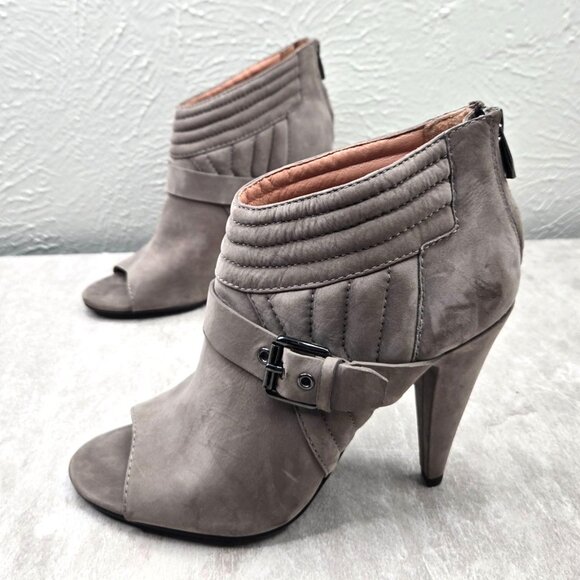 Peep Toe High Heel Boots Suede Gray Quilted Buckle Moto Dress Ankle Booties Sz 7 - Picture 1 of 12